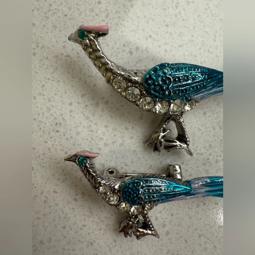 Vintage Pheasant Bird Brooches Pins Set of 2 Silver Tone Enamel Rhinestones